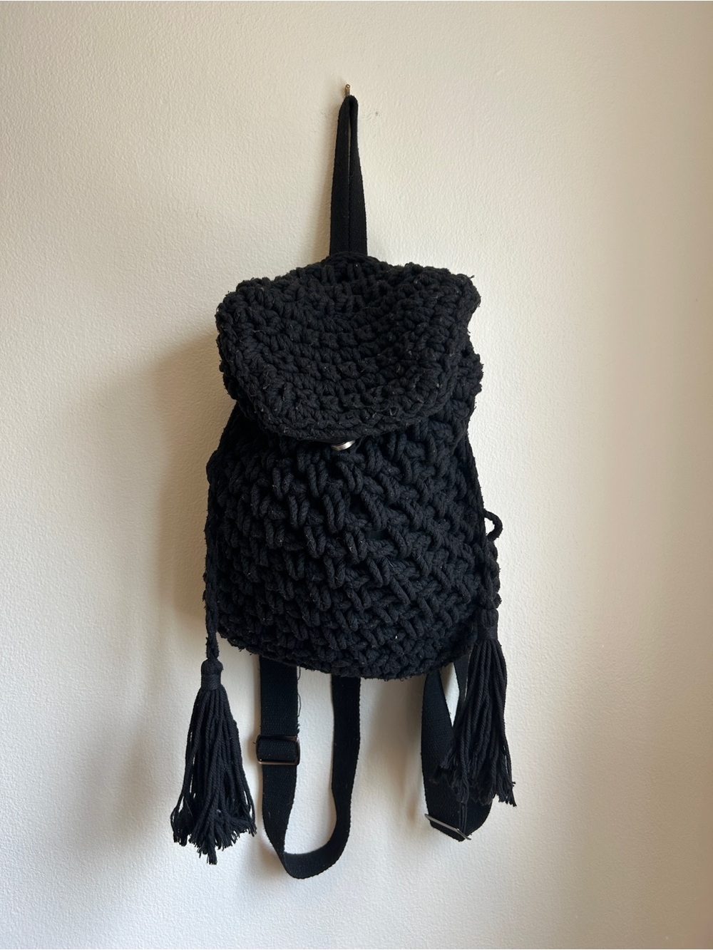 bp Black Hand-Knit Tassel Backpack